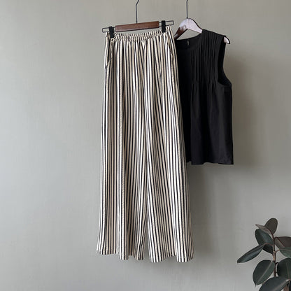 Korean Elastic Waist Striped Wide Leg Pants Women Autumn Loose Casual Straight Trousers