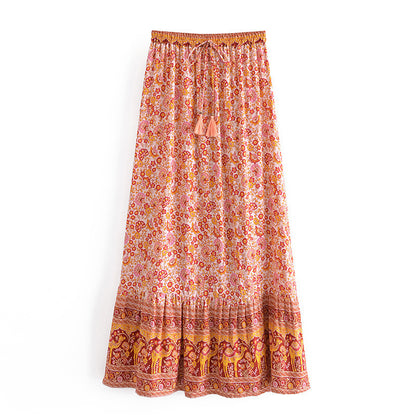 Bohemian Vacation Positioning Printing Tassel Tied Elastic Waist Big Hem Skirt