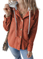 Autumn Winter Collared Buckle Cardigan Pouch Hooded Drawstring Striped Coat Women