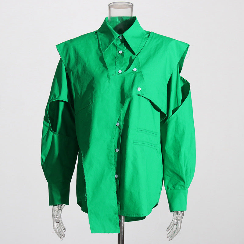 Green Fresh Loose Casual Shirt Autumn Polo Collar Long Sleeve Hollow Out Cutout out Removable Two Piece Vest Set