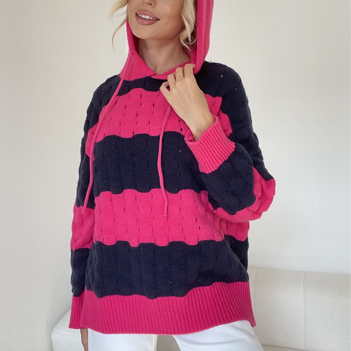 Autumn Winter Women Knitwear Striped Women Sweet Sweater Hoodie