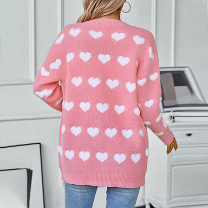 Towel Embroidery Love Knitted Cardigan Mid-Length Autumn Winter Button Sweet Sweater for Women