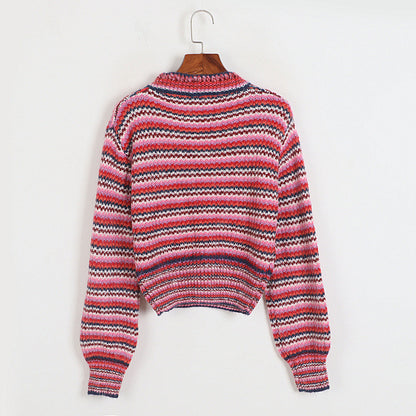 Classic V neck Thick Sweater Women Autumn Winter Women Clothing Socialite High Waist Petite Loose Pink Striped Sweater