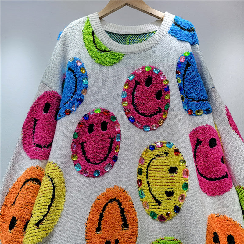 Heavy Industry Beads Smiley Pullover Women Autumn Winter All Matching Loose Lazy Knitted Top