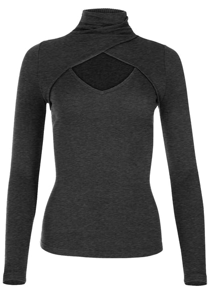 Women Wear Sexy Hollow Out Cutout Turtleneck Long Sleeve Thread Fitted Top Small Sunken Stripe Pullover