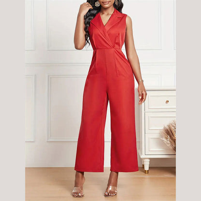 Women Clothing Elegant Graceful Pleated Suit Collar Straight Jumpsuit Office Women