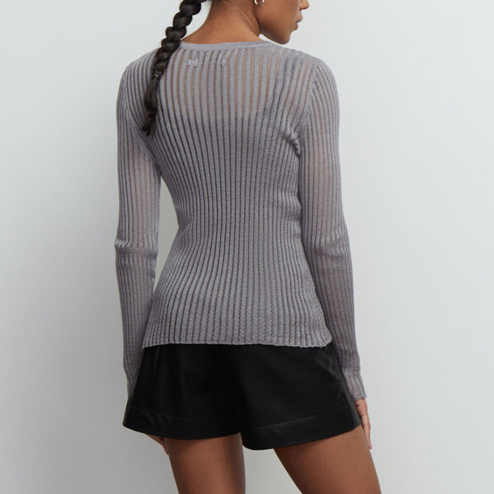 Hollow Out Cutout Sweater Spring Summer Sexy Slim Fit Cashmere Round Neck Long Sleeve Thin Sunken Stripe Sweater