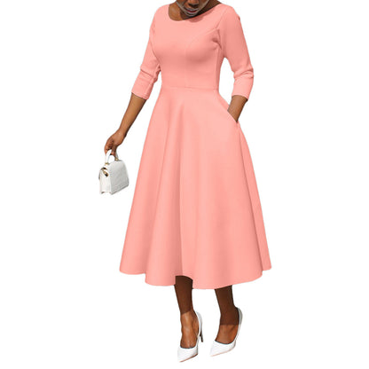 Women Clothing Spring Solid Color U Collar Pocket Large Swing Dress