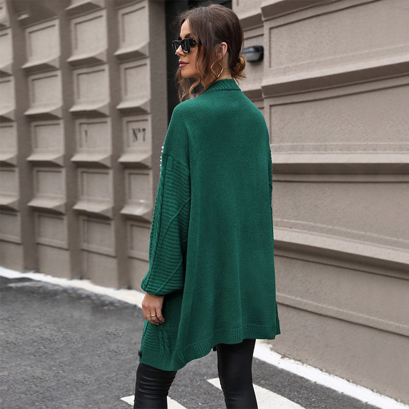 Women Clothing Dark Green Knitwear Autumn Winter Mid Length Beaded Sweater Cardigan Coat