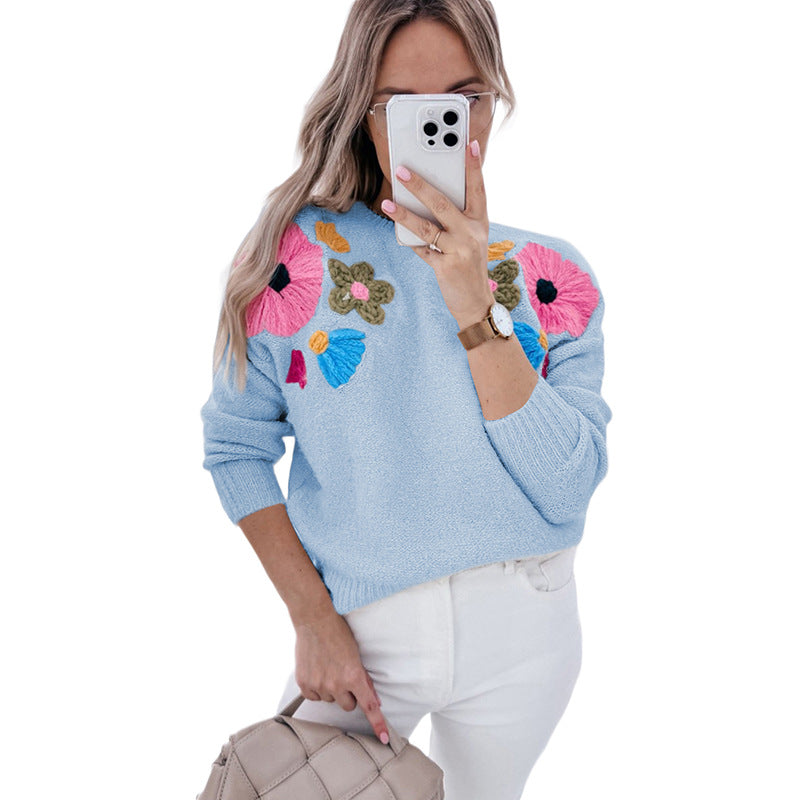 Summer Round Neck Knitted Top Women All Match Floral Embroidered Sweater