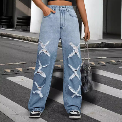 Straight Pants Water Washed Hole Wide Leg Pants Jeans Women