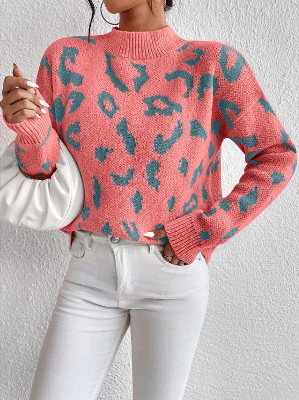 Women Clothing Sweater Pullover round Neck Sweater Spring Autumn Leopard Print Jacquard Top