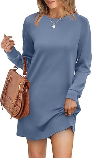 Women Clothing Burst Round Neck Back Fold Pocket Long Sleeve Sweater Dress