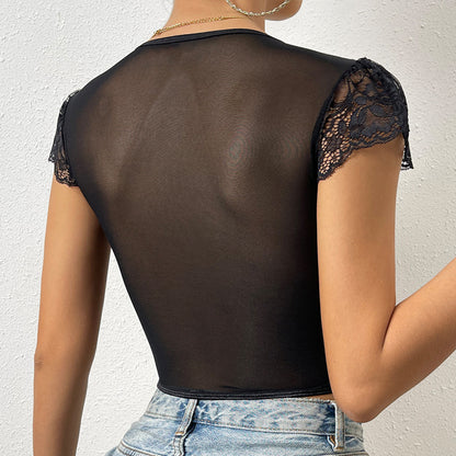 Mesh See Through Cropped Lace Street Outerwear Short Sleeved Top