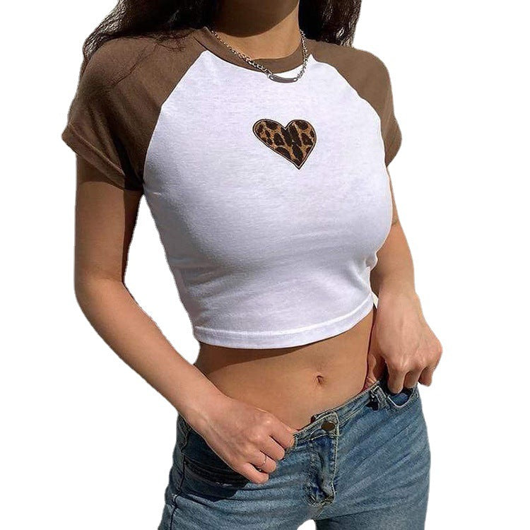 Summer Women Clothing Heart Printing Contrast Color Slim Fit Cropped Exposed Casual T shirt Top for Women