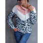 Leopard Print Contrast Color Splicing Pullover Hooded Sweater Casual Multicolor T-shirt Top for Women