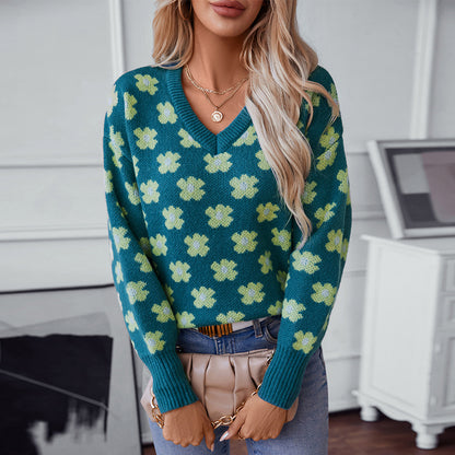 Floral Jacquard V neck Pullover Sweater Women Autumn Winter Casual Sweater Top Women