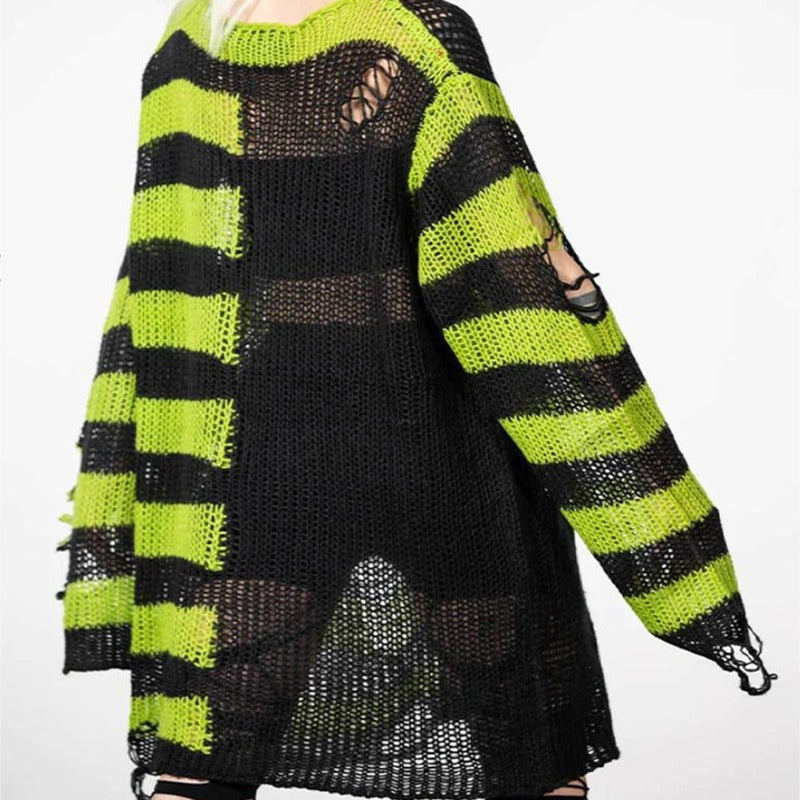 Halloween Punk Ripped Long Sweater Women's Loose Striped Contrast Color Pullover Sweater