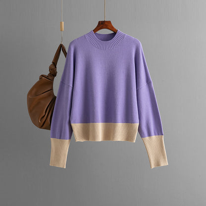 Autumn Winter Women Knitwear round Neck Loose Color Matching Top Sweater for Women