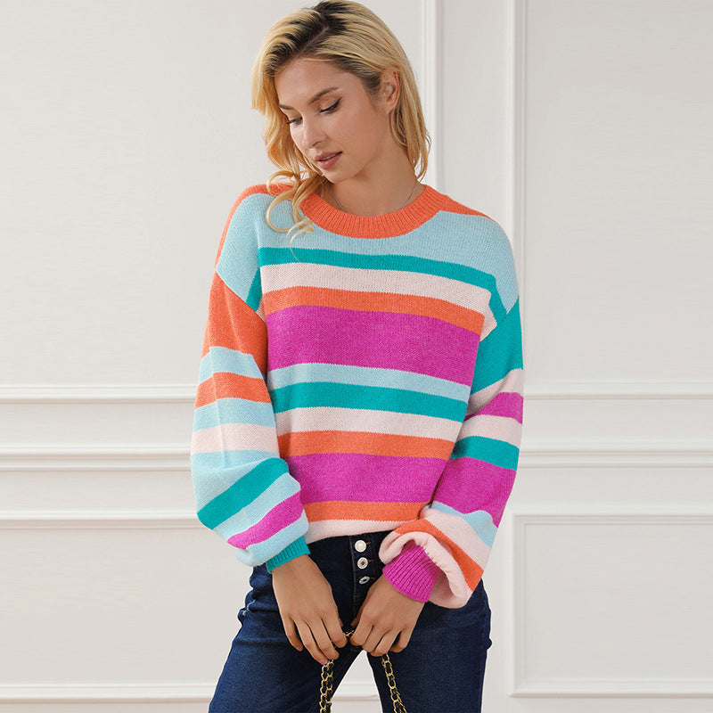 Autumn Winter Mixed Color Stripe Drop Shoulder Round Neck Sweater Women Casual Loose Pullover Women