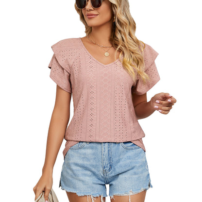 Spring Summer Solid Color Double Layer Sleeve V neck Loose Short Sleeve T shirt Top Women