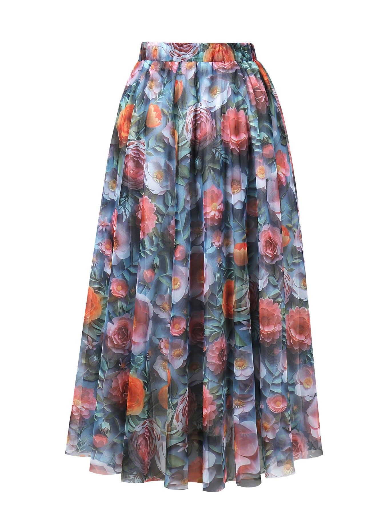 Mid Length Floral Print Skirt Tiered A Line Skirt Long Skirt Wide Hem Flowy Mid Length Skirt