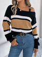 Autumn Winter Casual Contrast Color Striped Lantern Sleeve Metal Buckle Off The Shoulder Pullover Women Clothing