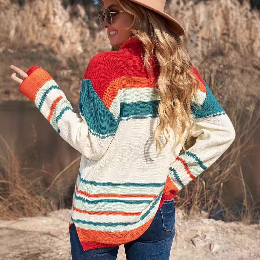 Autumn Pullover Long Sleeve Top Women's Loose Casual Multi Color Contrast Color Minimalist Women Sweater