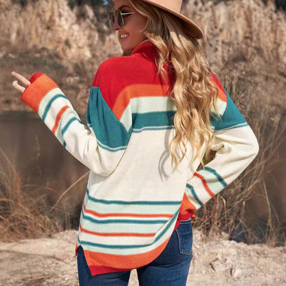 Autumn Pullover Long Sleeve Top Women's Loose Casual Multi Color Contrast Color Minimalist Women Sweater