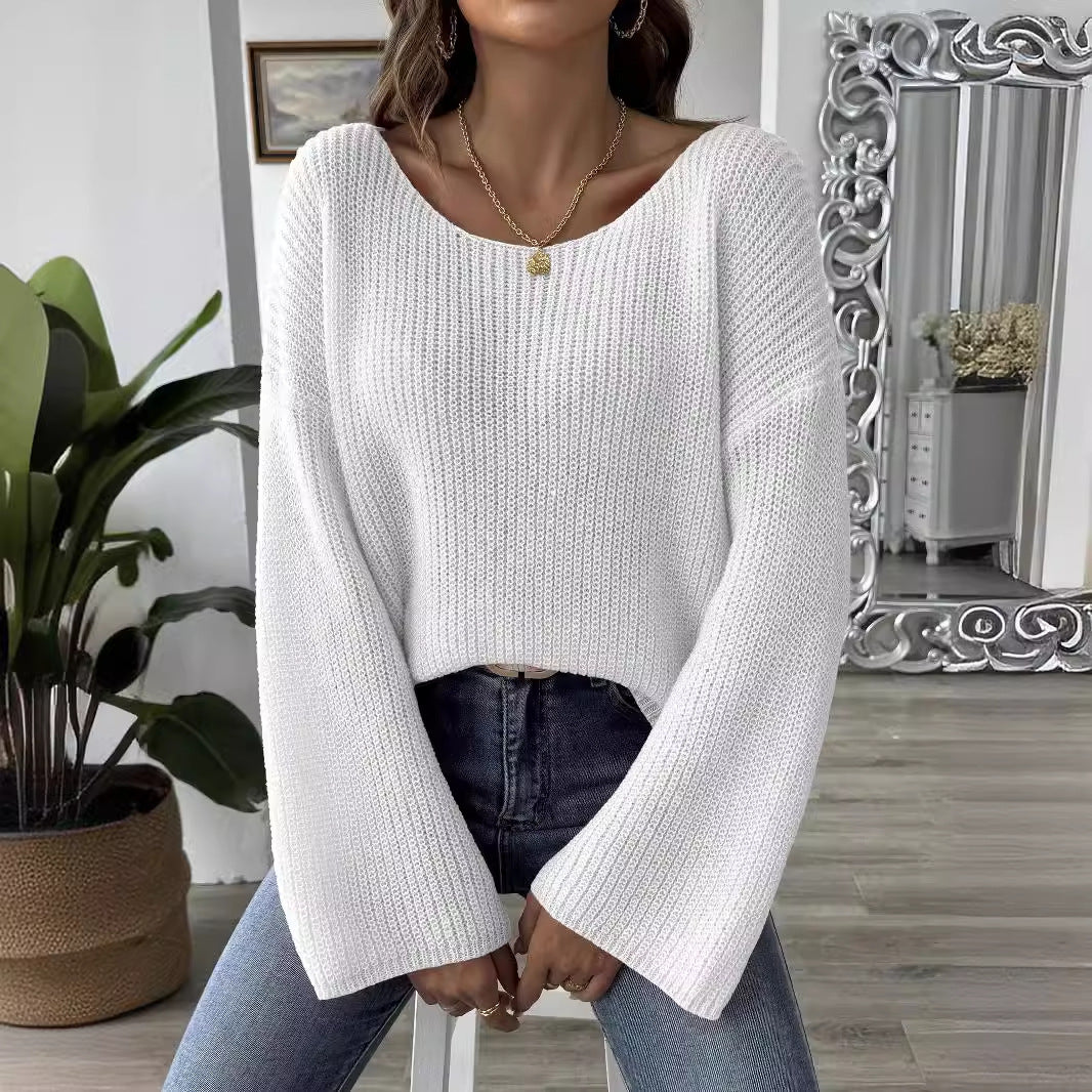 Women Pullover Sweater Top Women Clothing Simple Loose off Shoulder off the Shoulder Flared Sleeves Sweater