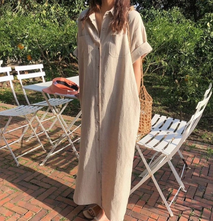 Korean Summer Short Sleeve Long Pattern Dress Loose Lazy Over The Knee Shirt Dress Women