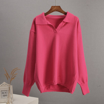 Autumn Winter Polo Collar Knitted Women Sweater Women