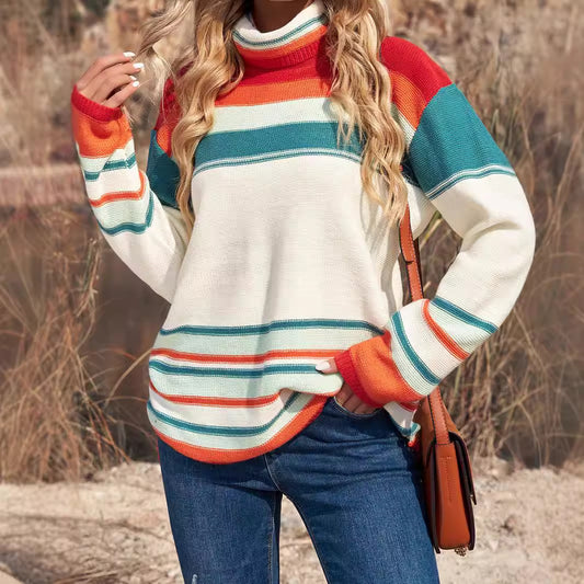 Autumn Pullover Long Sleeve Top Women's Loose Casual Multi Color Contrast Color Minimalist Women Sweater