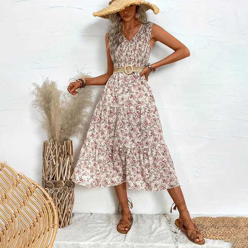 Women Floral Smocking Ruffled Slim Sleeveless Maxi Dress Spring Summer Women Design Long Tiered Dress Dress No Belt