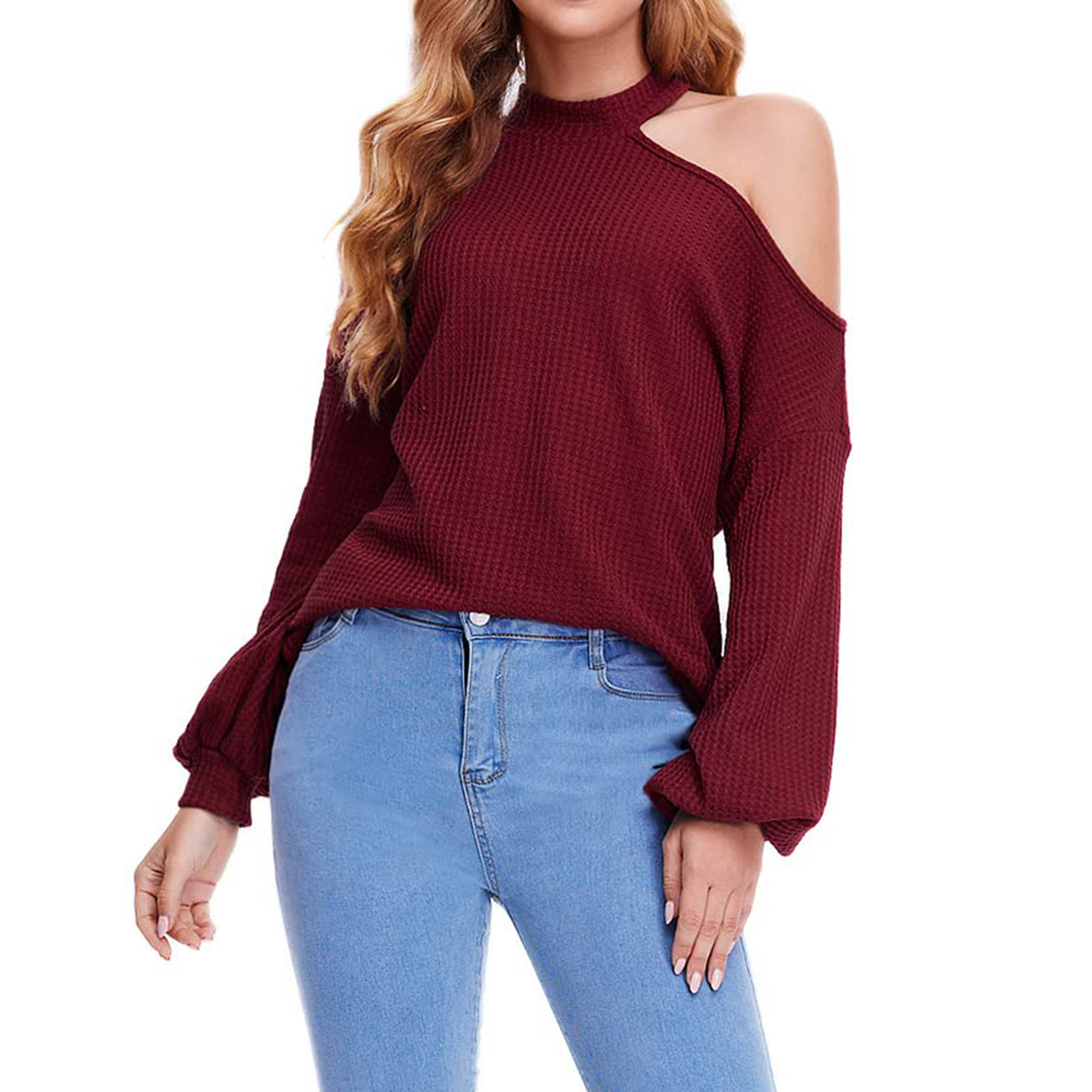 Women Clothing Women Waffle Knit Tunic Top off Shoulder Long Sleeve Loose Shirt