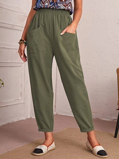 Four Seasons Cotton Linen Cropped Pants Elastic Waist Casual Pants Diagonal Pocket Skinny Pants Women