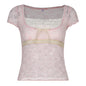 Spring Women Clothing Pink Sweet Lace Stitching Square Neck T shirt Bow Sexy Sexy Top