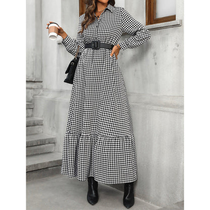 Women Clothing Long Sleeve Dress Shirt Collar Black White Plaid High Waist Dress