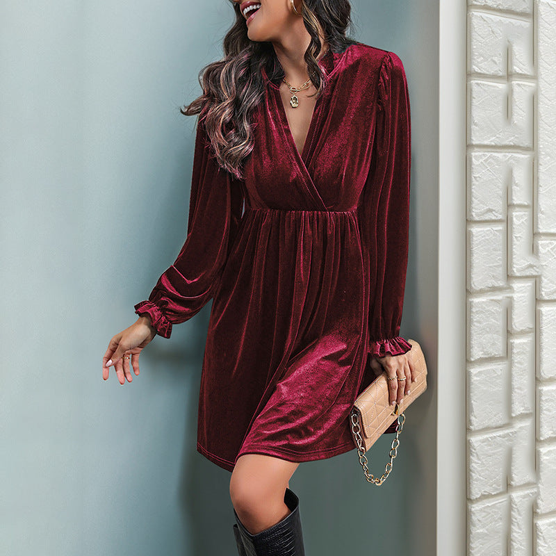 Long Sleeve Patchwork Autumn Winter Women Clothing Velvet Dress