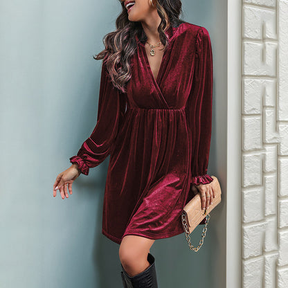 Long Sleeve Patchwork Autumn Winter Women Clothing Velvet Dress