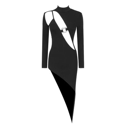 Winter Black Long Sleeve Dress Diamond Decorations Hollow Out Cutout Asymmetric Women Clothing Bandage Dress