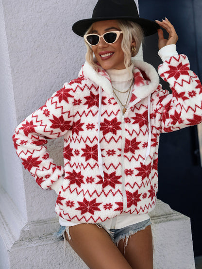 Autumn Winter Women Clothing Loose Hooded Zip Cardigan Olympic Fleece Printed Christmas Coat Women