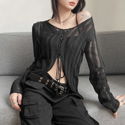 Autumn Thin Sexy Sexy Hollow Out Cutout Out V Neck Loose Long Sleeve Knitted Sweater