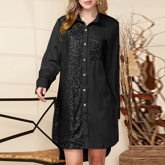 Autumn Shirt Long Sleeved Dress for Women All Match Sequin Stitching Knee Length Dress for Women