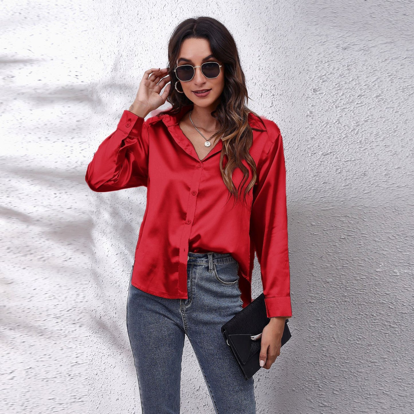 Popular Satin Shirt Women Artificial Silk Long Sleeve Shirt Autumn Women Clothing