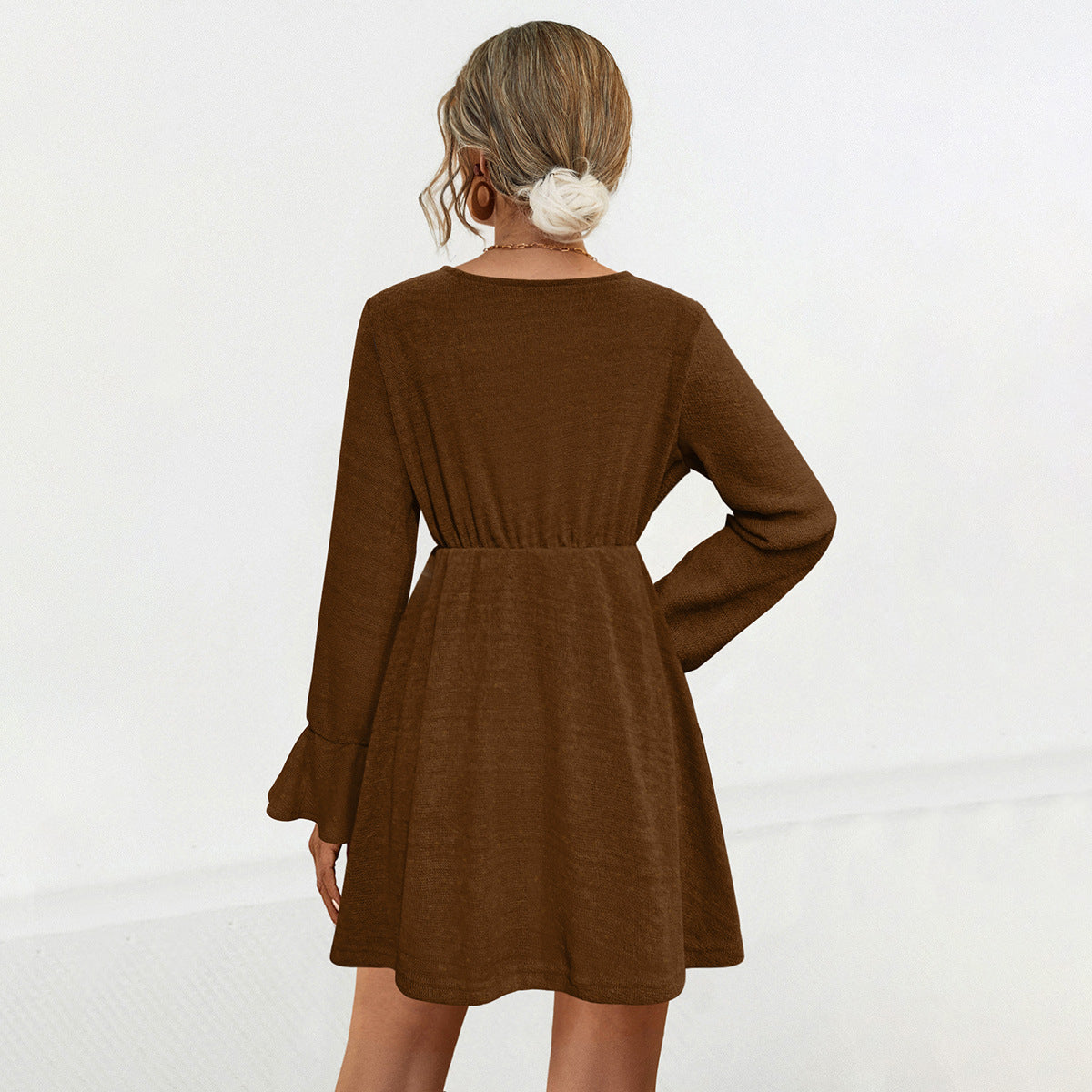 Knitted V neck Flounce Long Sleeve Dress