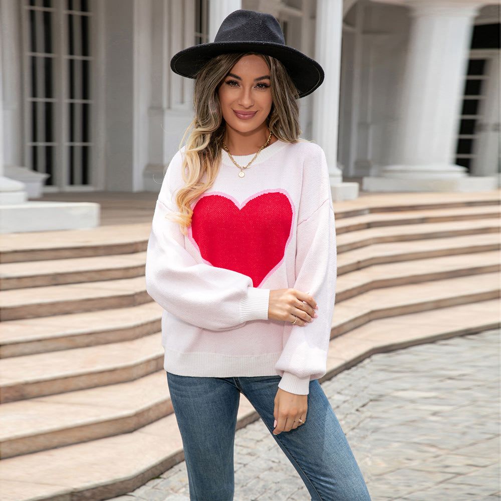 Winter Clothes Big Love Valentine Day Round Neck Sweater Pullover Peach Heart Sweater