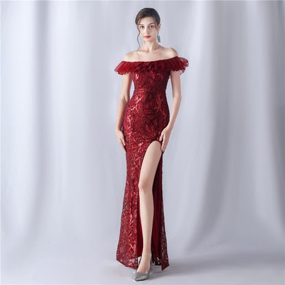 Fabric Sequin Combined With Embroidery Thread Heavy Craft Folding Organza Boutique Evening Dress