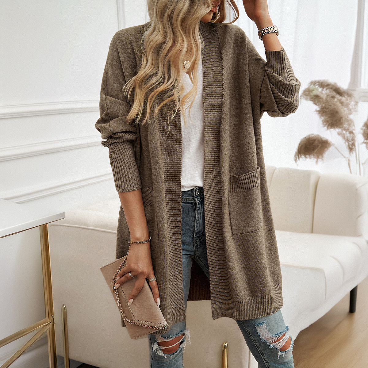 Autumn Winter Women Clothing Batwing Sleeve Elegant Cardigan Solid Color Sweater Coat