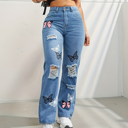 Butterfly Print Ripped Cut-out Denim Straight High Waist Contrast Color Denim Trousers for Women